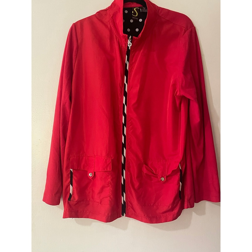Sportelle Womens Red Zip Up Mixed Media Jacket Striped Trim 1X Plus Size